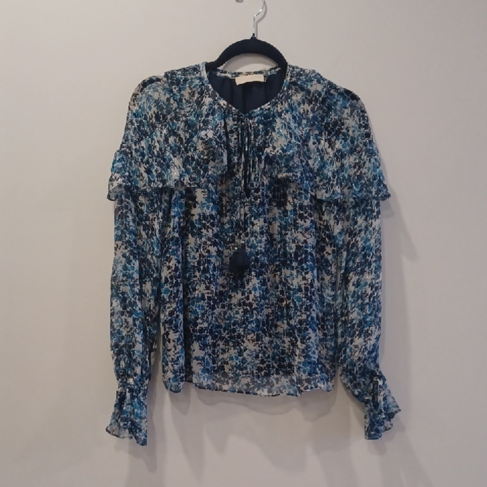 Blue Floral Tie-Neck Ruffle Blouse